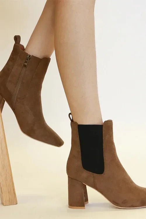 Beast Fashion Faux Suede Block Heel Chelsea Boots with Elastic Side Panel | Women's Ankle Boots - minbolu -