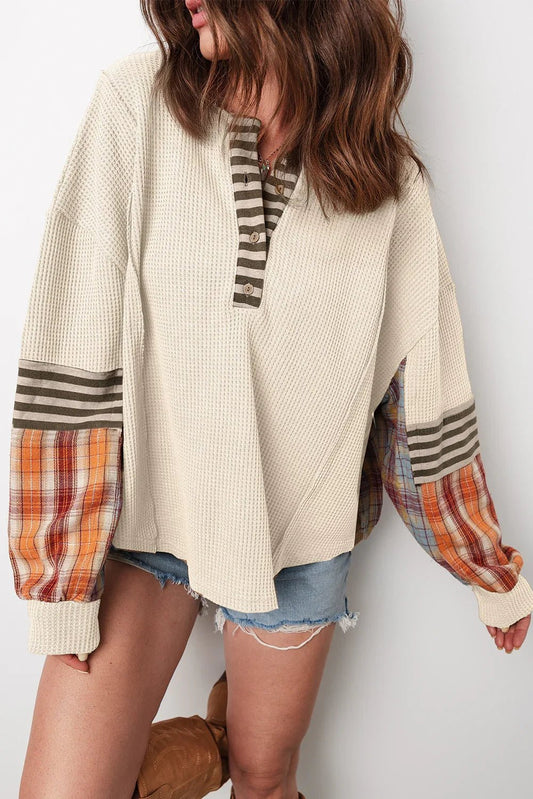 Beige Waffle Patchwork Henley Top – Cozy & Chic - minbolu -
