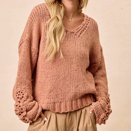 BiBi Chunky Knit Sweater with Flower Detail Sleeves - minbolu -