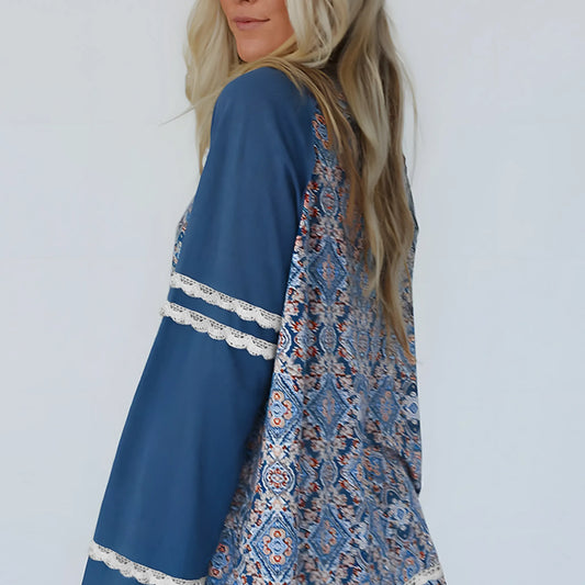 Boho Geometric Print Blouse with Lace Ricrac Detail