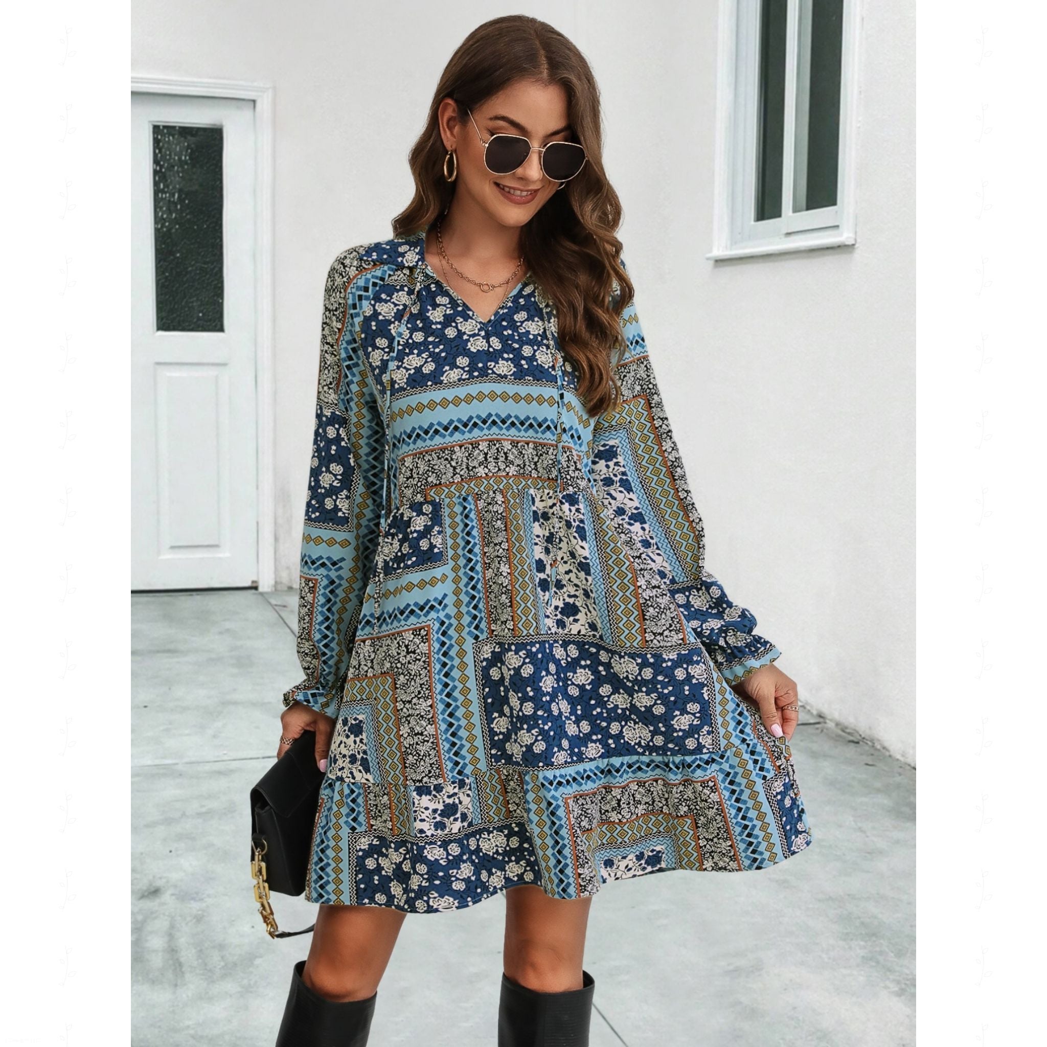Floral Print Collared Mini Dress - Long Sleeve Boho Dress with Ruffle Details - minbolu
