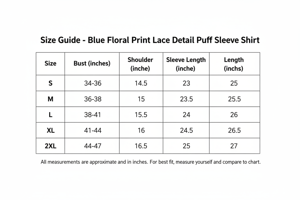 Size Chart - Blue Floral Print Lace Detail Puff Sleeve Shirt