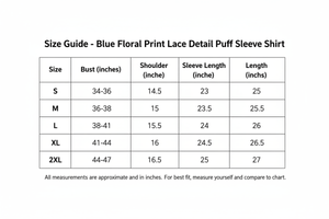 Size Chart - Blue Floral Print Lace Detail Puff Sleeve Shirt