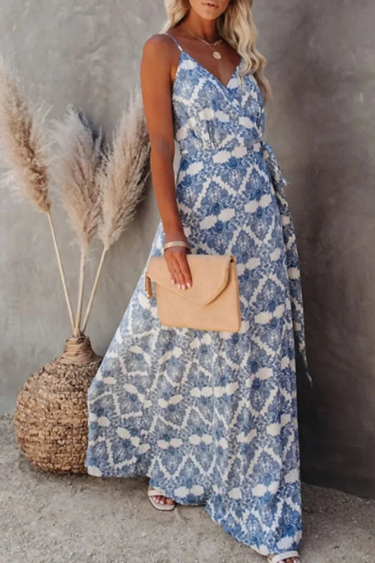 Blue Floral Printed Tied Maxi Cami Dress - Boho Chic - minbolu -