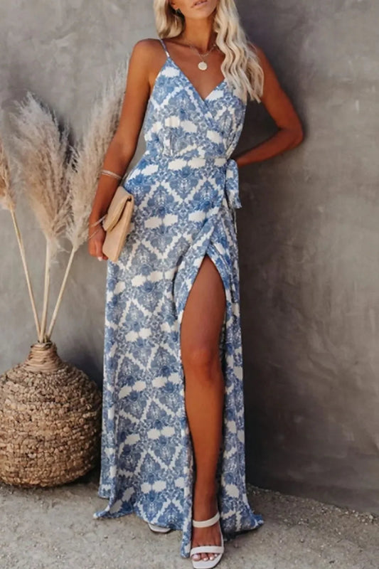 Blue Floral Printed Tied Maxi Cami Dress - Boho Chic - minbolu -