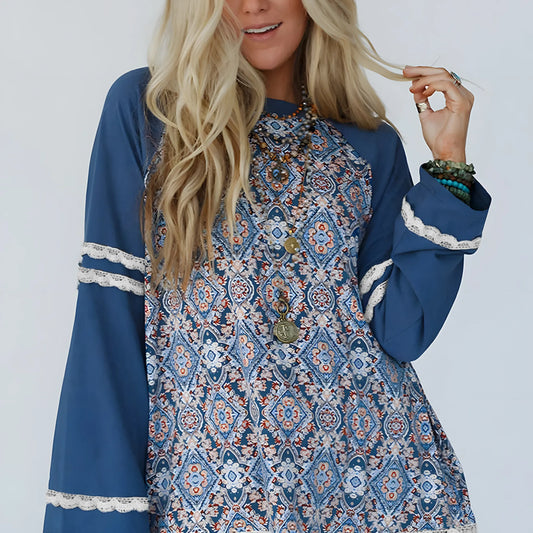 Boho Geometric Print Blouse with Lace Ricrac Detail