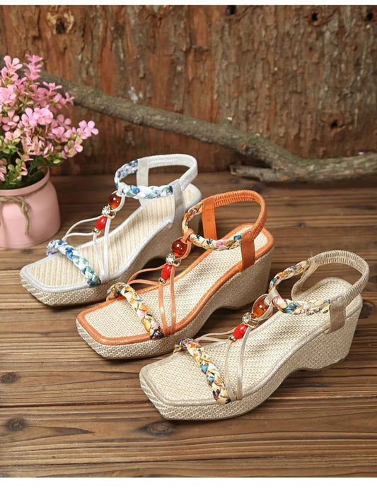 Bohemian Floral Beaded Wedge Sandals - minbolu -