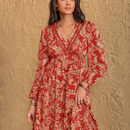 Boho Floral Print Long Sleeve Midi Dress - Ruched Waist Flowy A-Line Dress