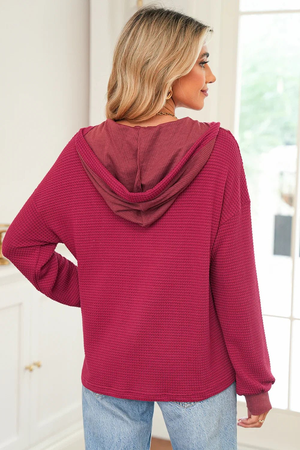 Bohemian Racing Red Waffle Hooded Top - Festival Drop Shoulder Style - minbolu -