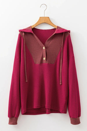 Bohemian Racing Red Waffle Hooded Top - Festival Drop Shoulder Style - minbolu -