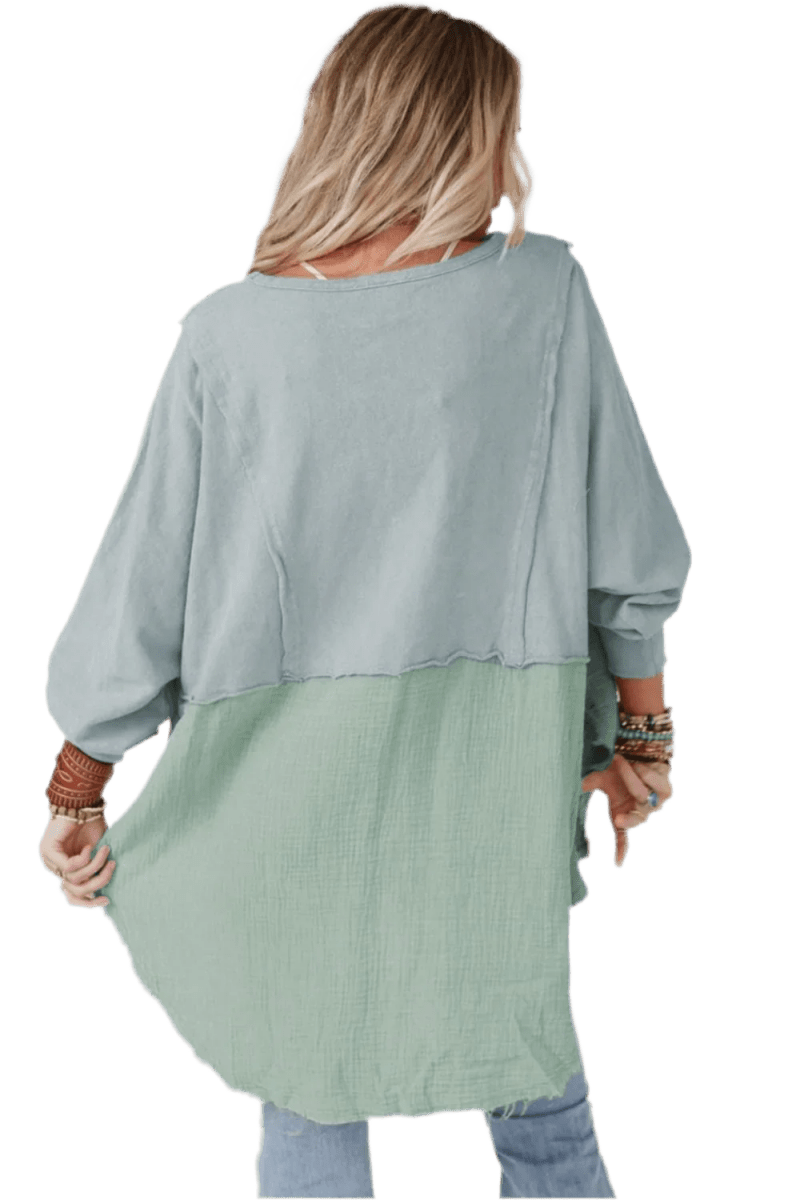 Boho Blouse - Peacock Blue Oversized Contrast Texture Top - minbolu -
