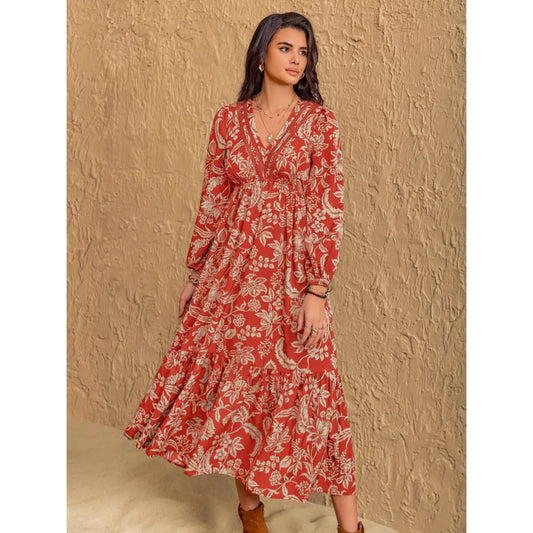 Boho Floral Print Long Sleeve Midi Dress - Ruched Waist Flowy A-Line Dress