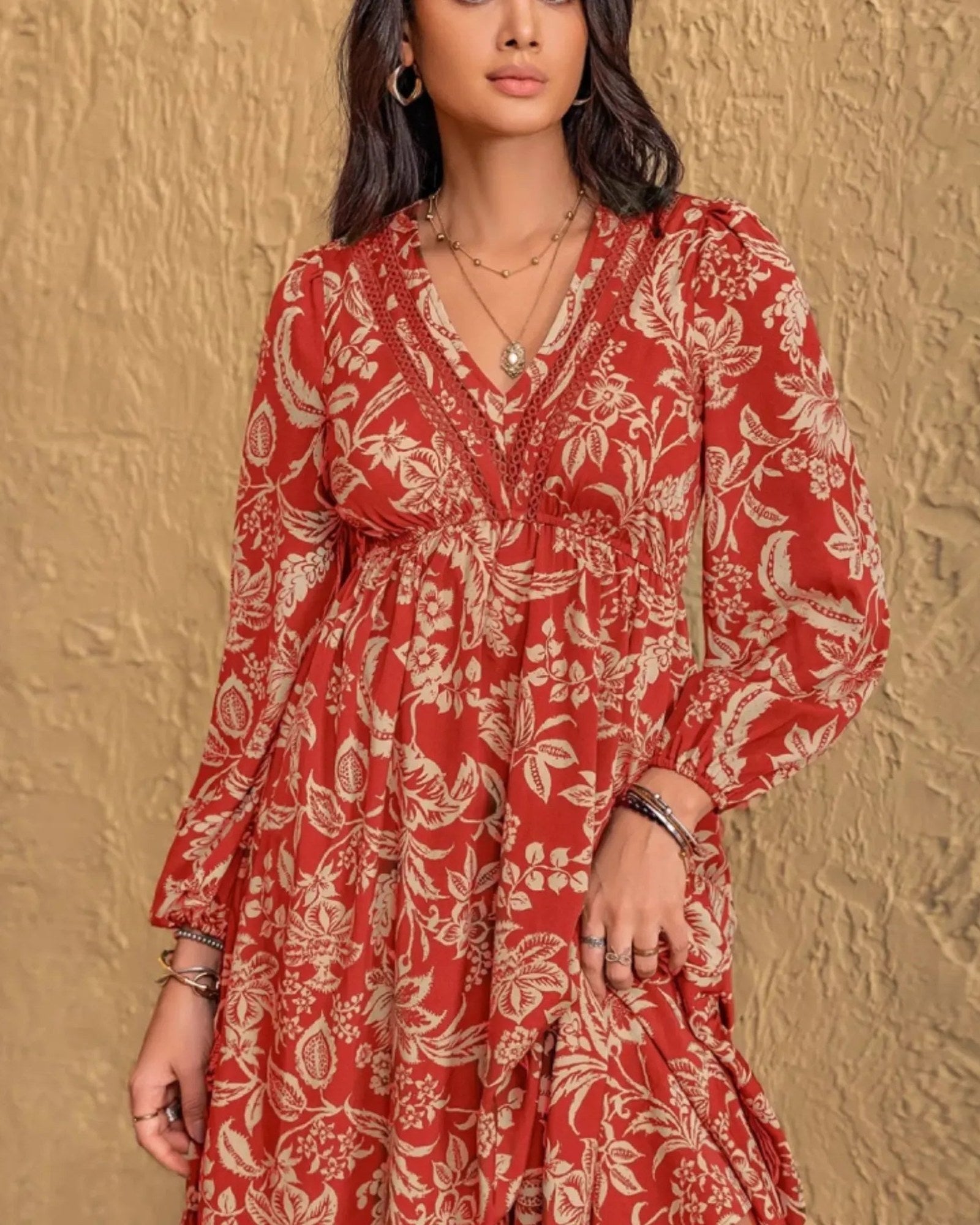 Boho Floral Print Long Sleeve Midi Dress - Ruched Waist Flowy A-Line Dress