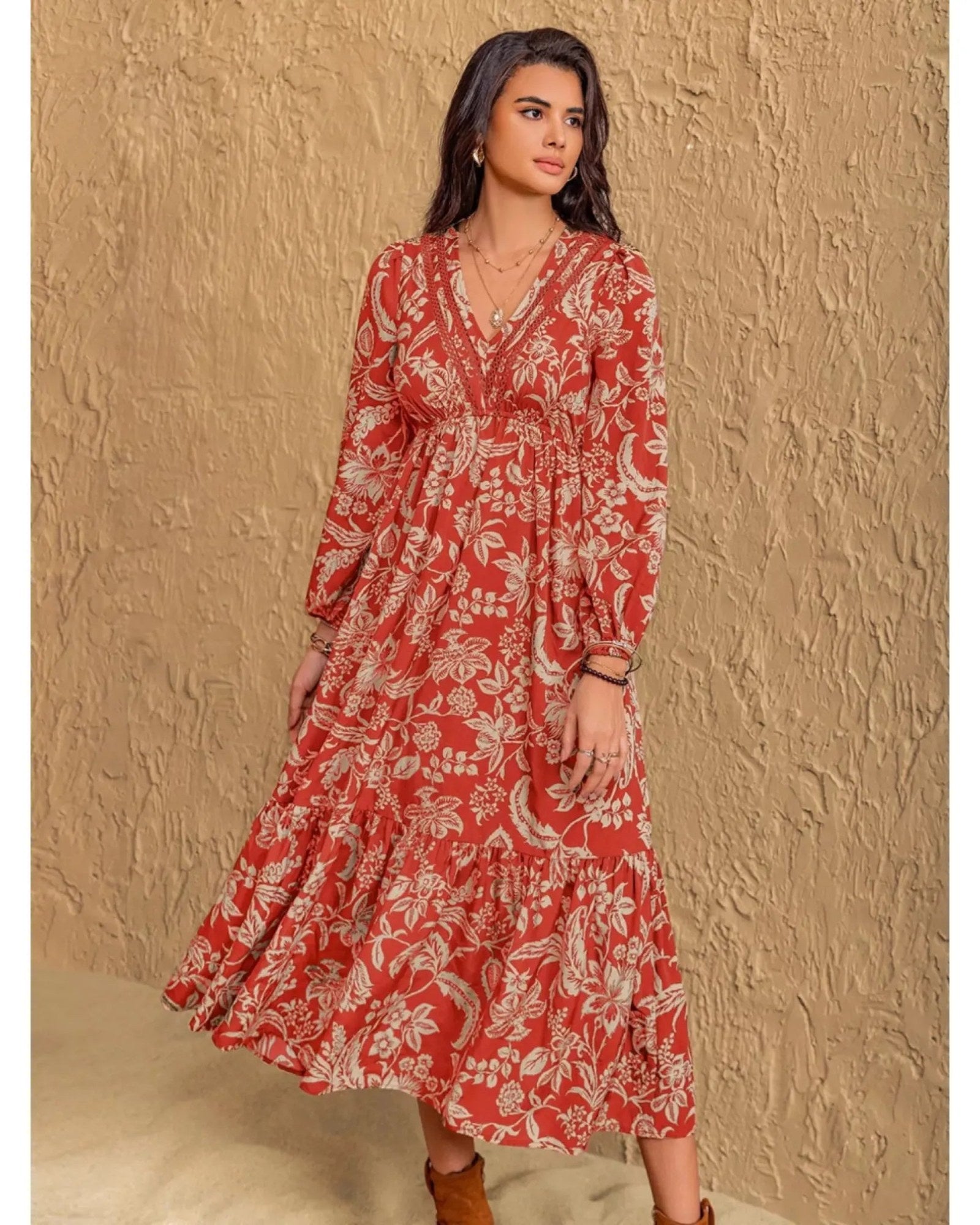 Boho Floral Print Long Sleeve Midi Dress - Ruched Waist Flowy A-Line Dress