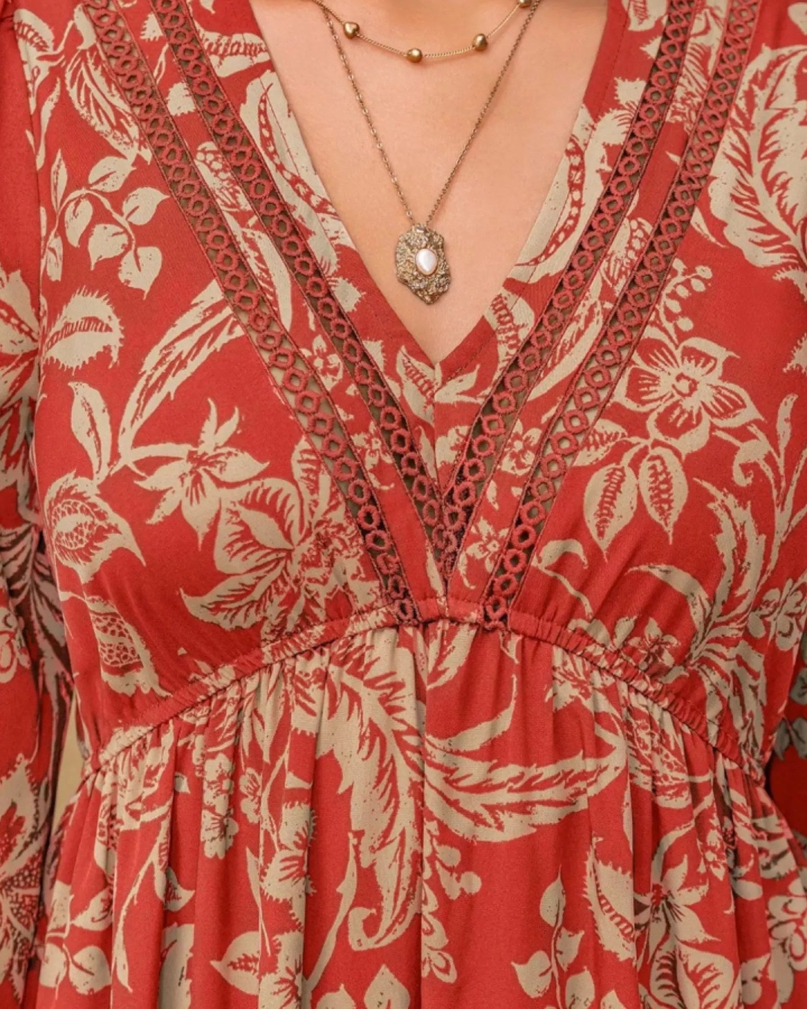 Boho Floral Print Long Sleeve Midi Dress - Ruched Waist Flowy A-Line Dress