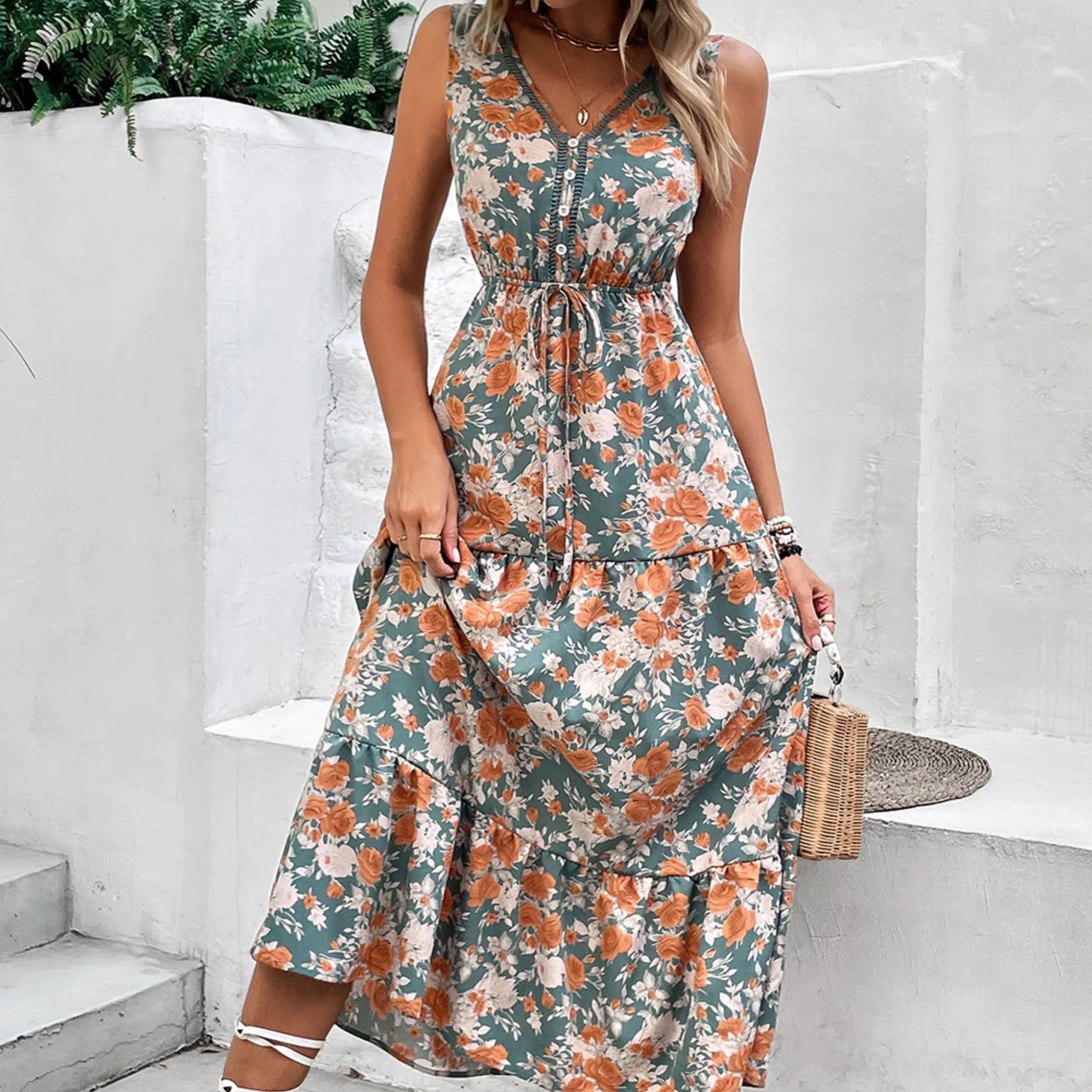 Green Floral Print Trimmed V Neck Sleeveless Vacation Dress