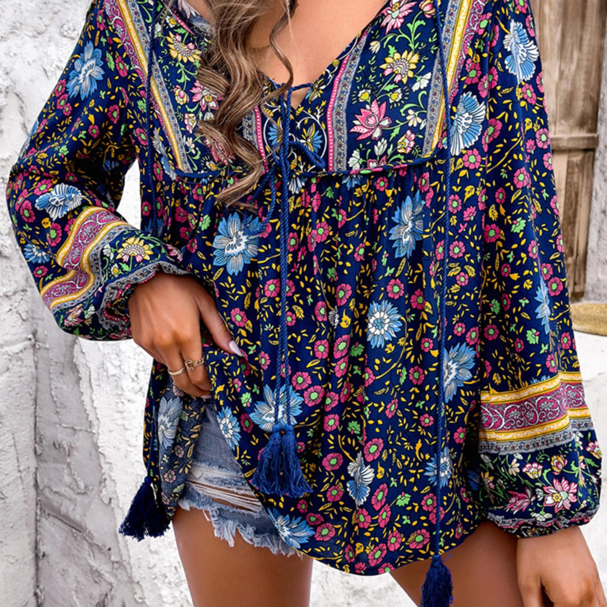 Blue Bohemian Floral Print Tassel Tie Front Long Sleeve Blouse
