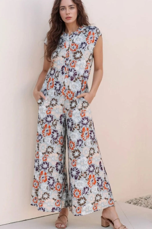 Boho Jumpsuit - Floral Sleeveless Button Front Wide Leg Women's Jumpsuit - minbolu -