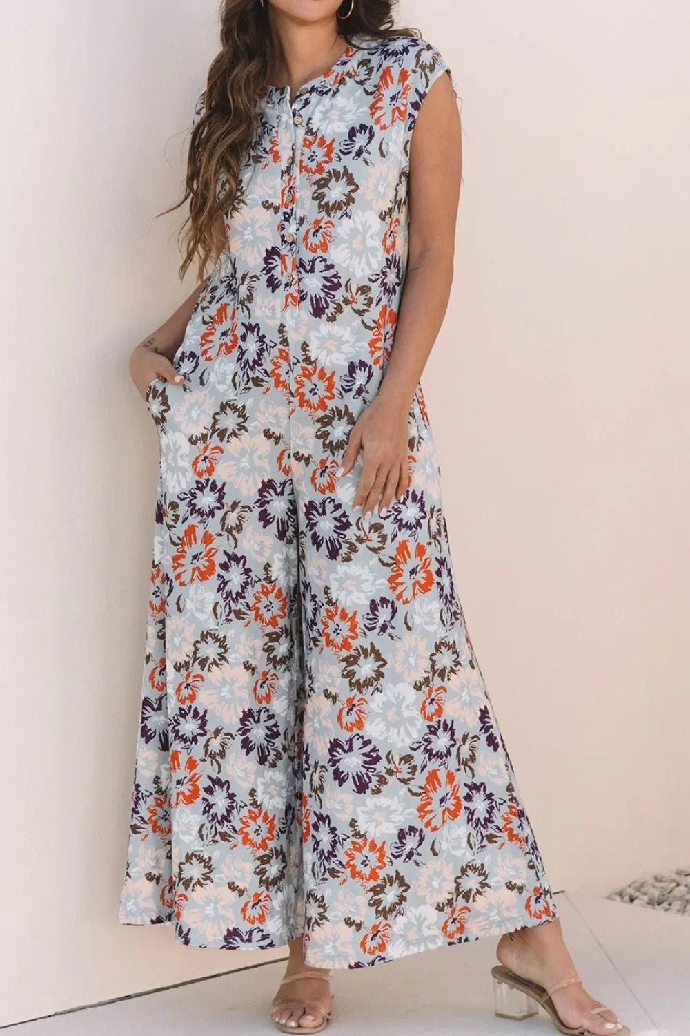 Boho Jumpsuit - Floral Sleeveless Button Front Wide Leg Women's Jumpsuit - minbolu -