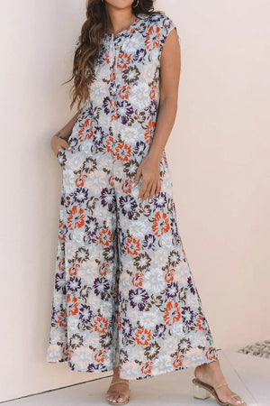 Boho Jumpsuit - Floral Sleeveless Button Front Wide Leg Women's Jumpsuit - minbolu -