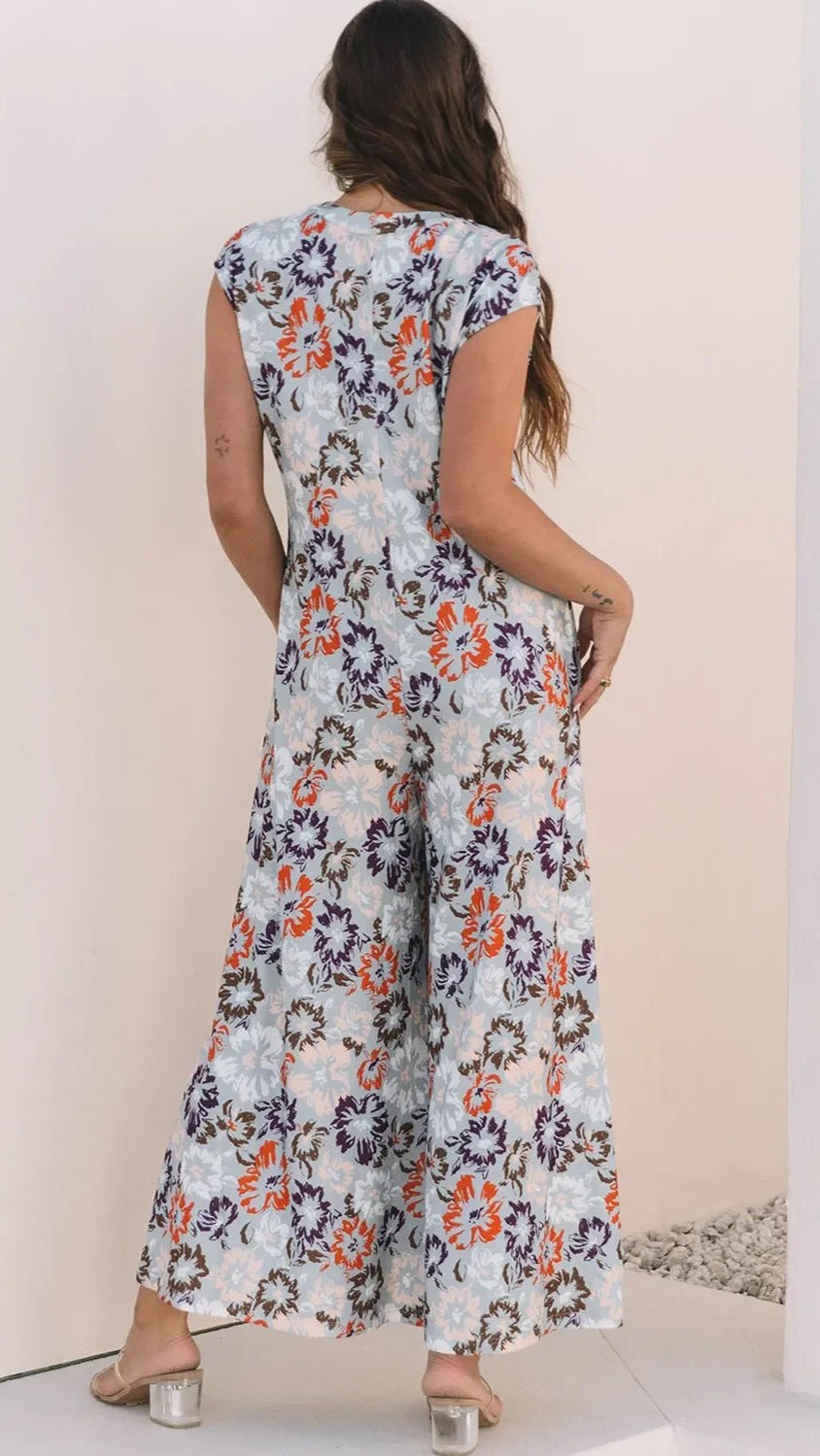 Boho Jumpsuit - Floral Sleeveless Button Front Wide Leg Women's Jumpsuit - minbolu -