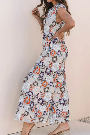 Boho Jumpsuit - Floral Sleeveless Button Front Wide Leg Women's Jumpsuit - minbolu -