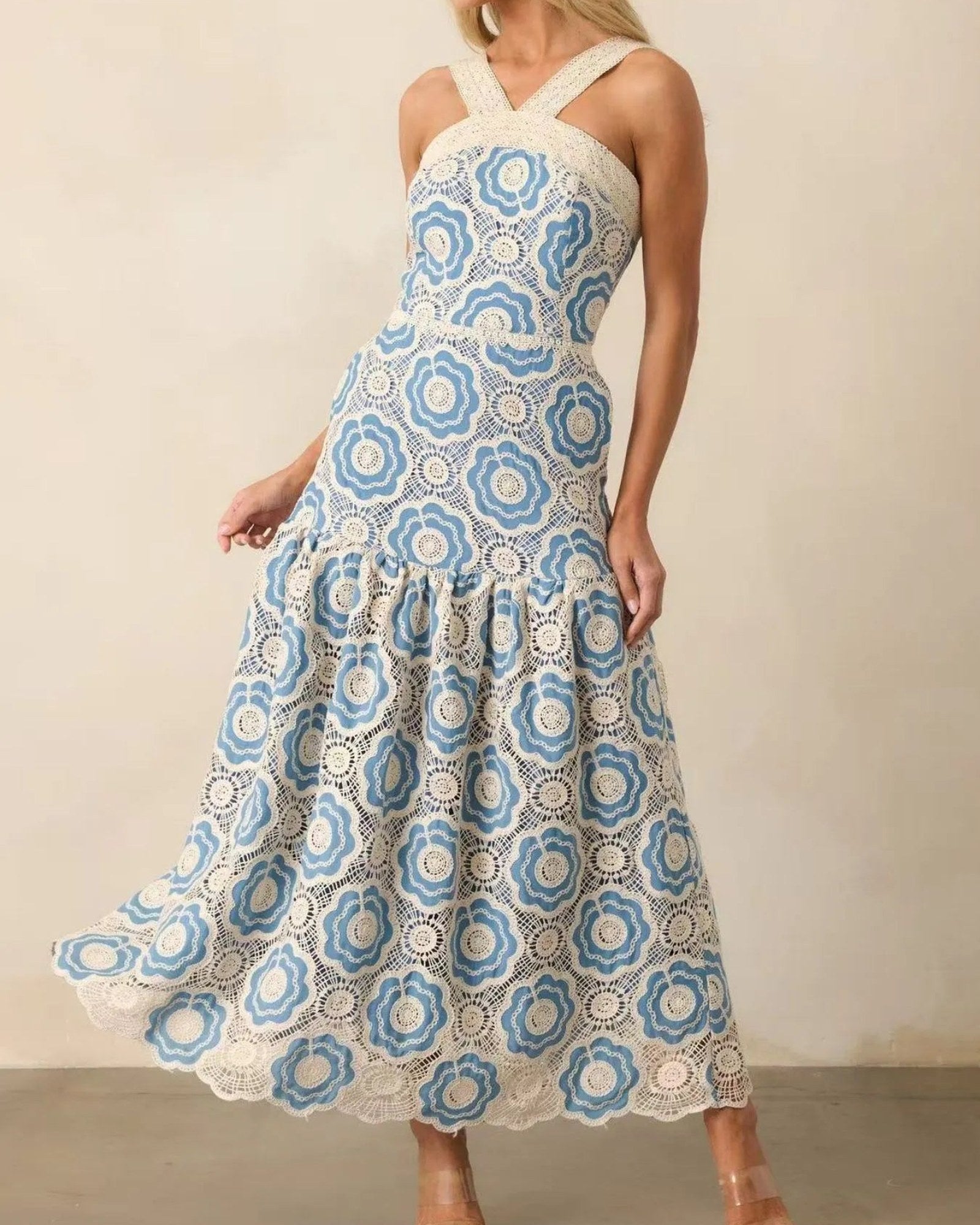 Boho Lace Tiered Sleeveless Midi Dress — Romantic Bohemian Style