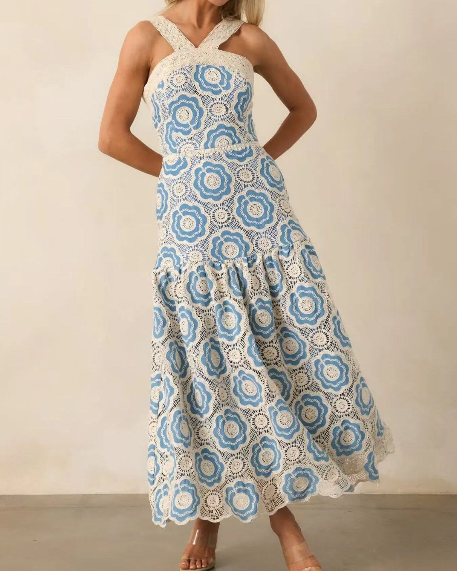 Boho Lace Tiered Sleeveless Midi Dress — Romantic Bohemian Style