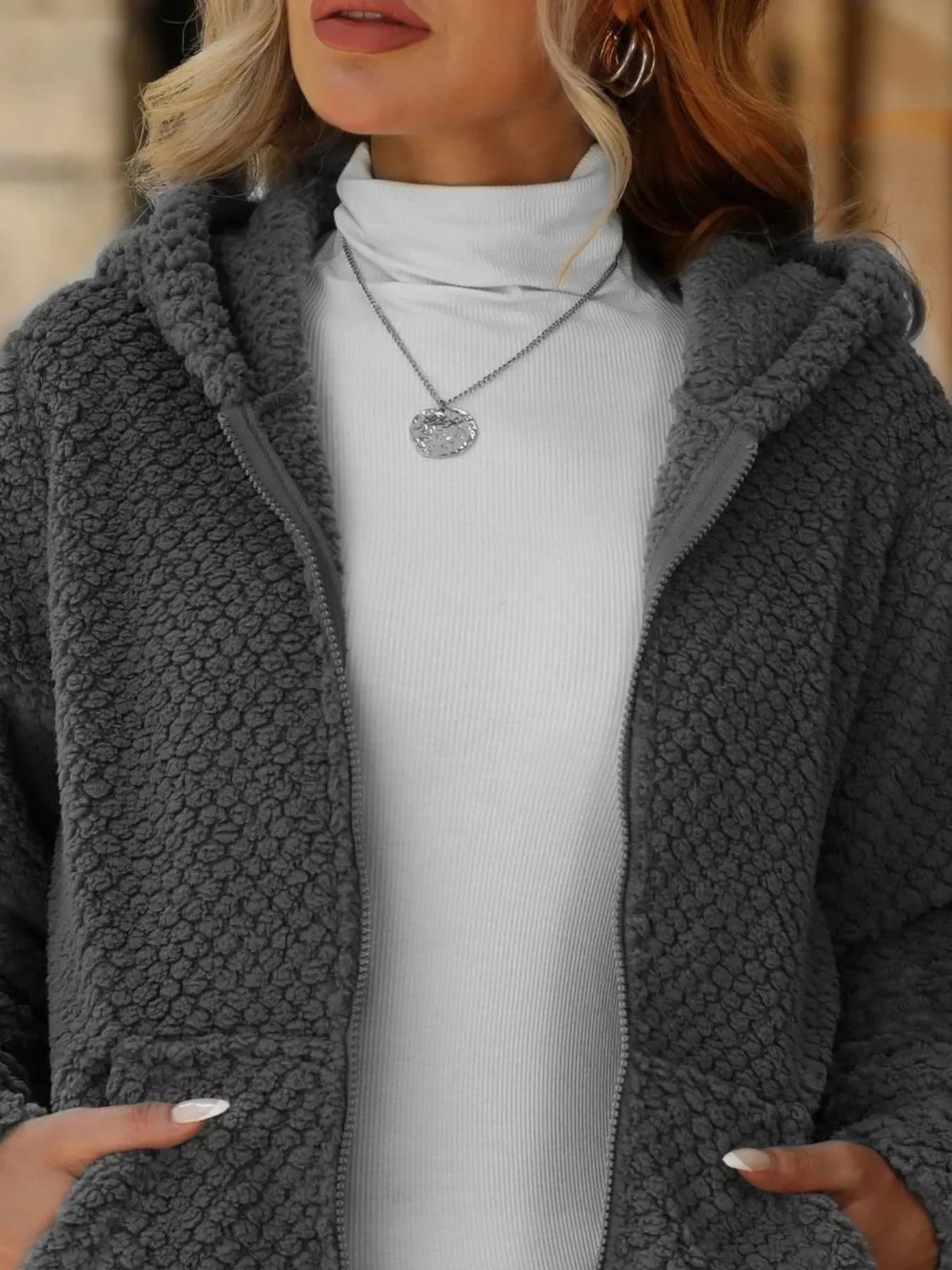 Boho Outerwear - Women's Textured Knit Zip-Up Hooded Jacket - minbolu -