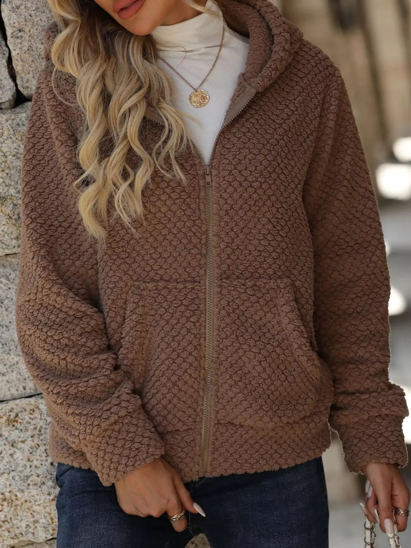 Boho Outerwear - Women's Textured Knit Zip-Up Hooded Jacket - minbolu -