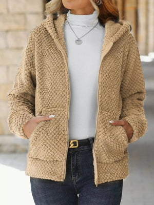 Boho Outerwear - Women's Textured Knit Zip-Up Hooded Jacket - minbolu -