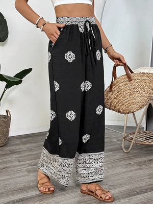 Boho Print Wide Leg Pants - minbolu -