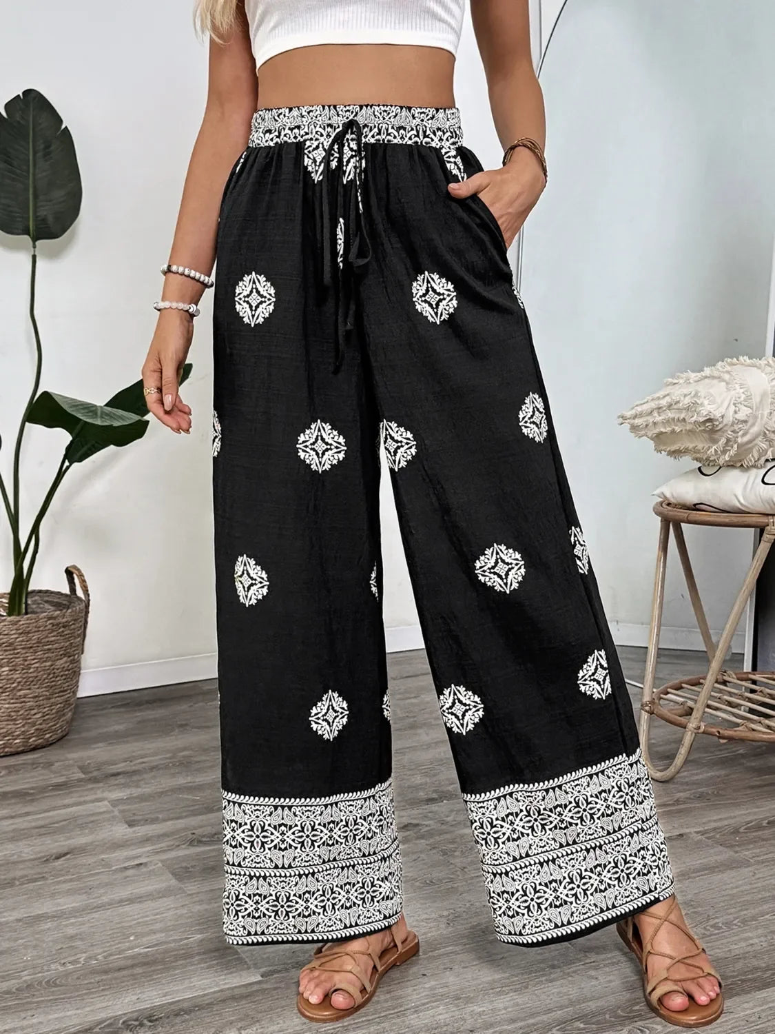 Boho Print Wide Leg Pants - minbolu -