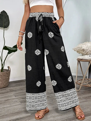 Boho Print Wide Leg Pants - minbolu -