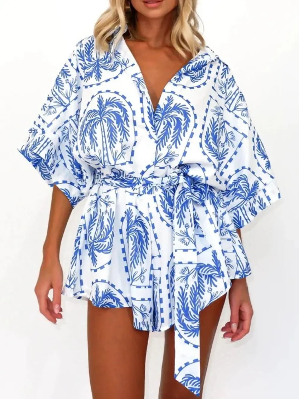 Boho Romper - Printed Tie Waist Half Sleeve Celestial Romper - minbolu -