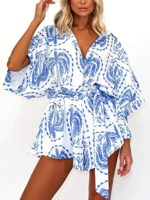 Boho Romper - Printed Tie Waist Half Sleeve Celestial Romper - minbolu -
