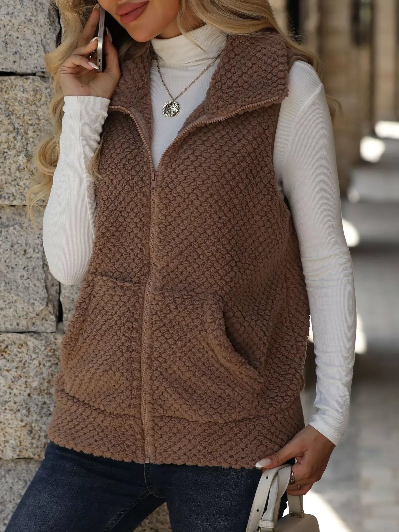 Boho Vest - Women's Zip-Up Sleeveless Coat with Pockets - minbolu -
