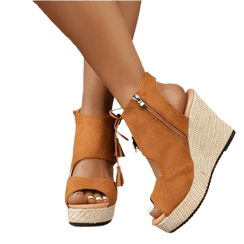 Boho Wedge Sandals - Women's Peep Toe Mid Heel Comfort Shoes - minbolu -