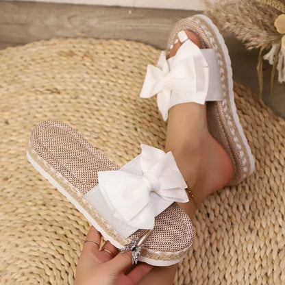 Bow Open Toe Platform Sandals - Open Toe Slide Sandals - minbolu