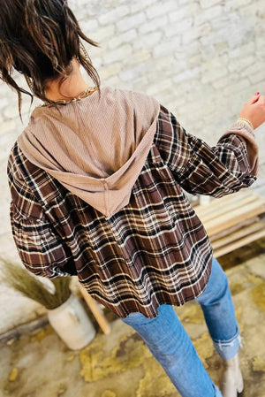 Brown Plaid Hoodie - Waffle Knit Long Sleeve Henley Top - minbolu -