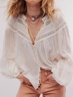 Button-Down Lace Trim Balloon Sleeve Blouse - minbolu -