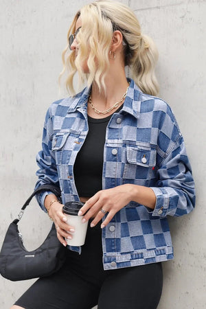 Checkered Button Up Long Sleeve Denim Jacket - minbolu -