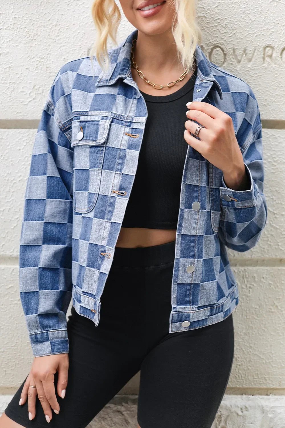 Checkered Button Up Long Sleeve Denim Jacket - minbolu -