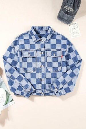 Checkered Button Up Long Sleeve Denim Jacket - minbolu -