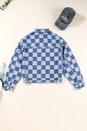 Checkered Button Up Long Sleeve Denim Jacket - minbolu -