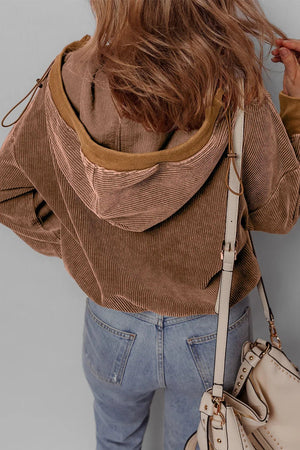 Chestnut Half Zipper Kangaroo Pocket Drawstring Corduroy Hoodie - minbolu -