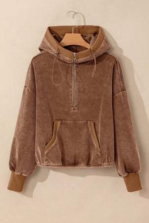 Chestnut Half Zipper Kangaroo Pocket Drawstring Corduroy Hoodie - minbolu -