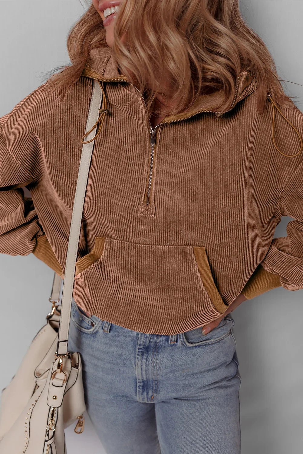 Chestnut Half Zipper Kangaroo Pocket Drawstring Corduroy Hoodie - minbolu -