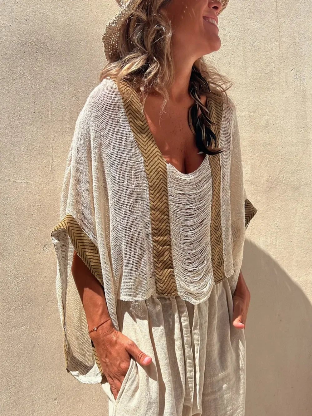 Contrast Scoop Neck Knit Cover Up - minbolu -