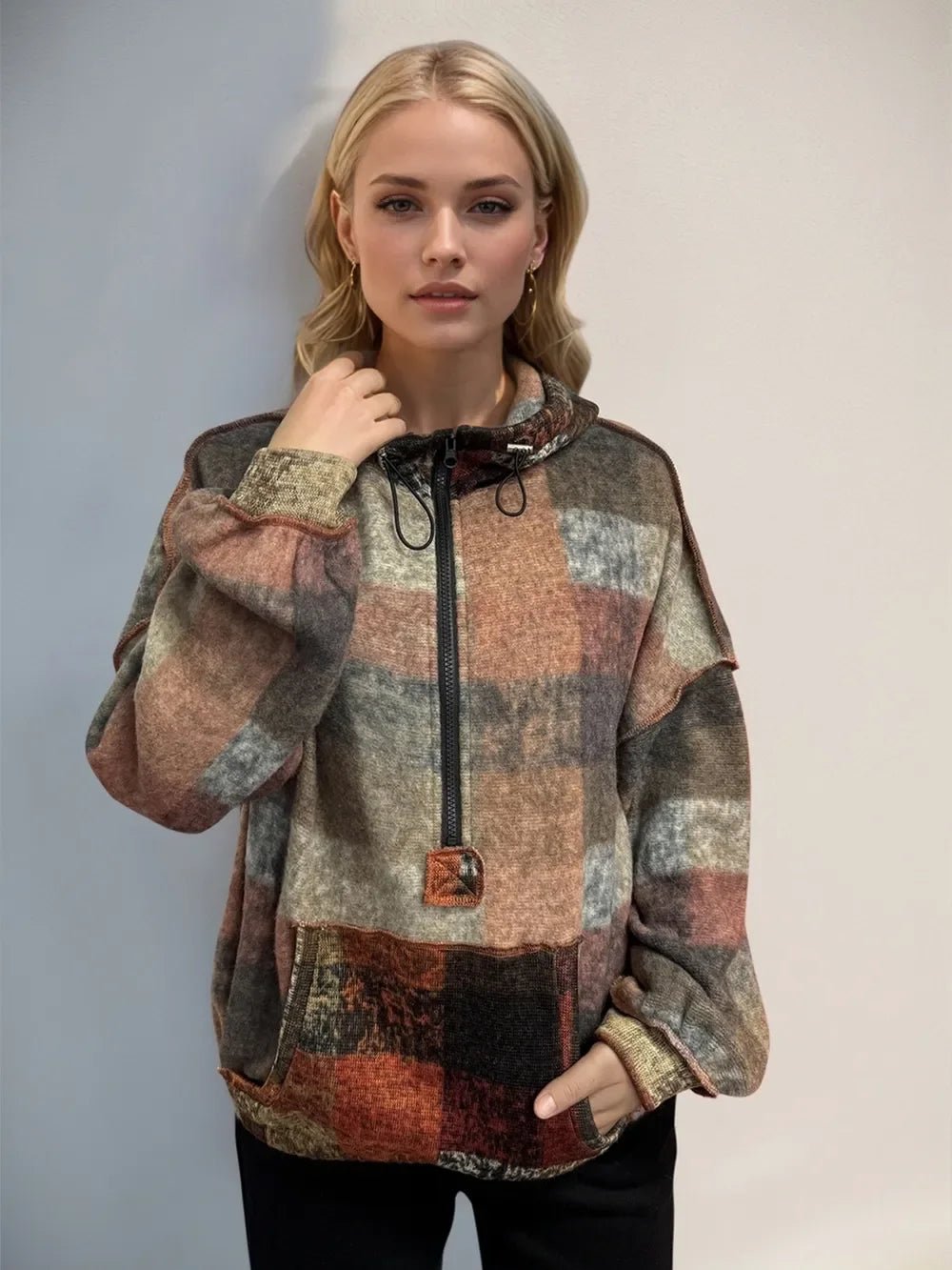 Double Take Luxe Half-Zip Exposed Seam Boho Fleece Women’s Hoodie - minbolu -